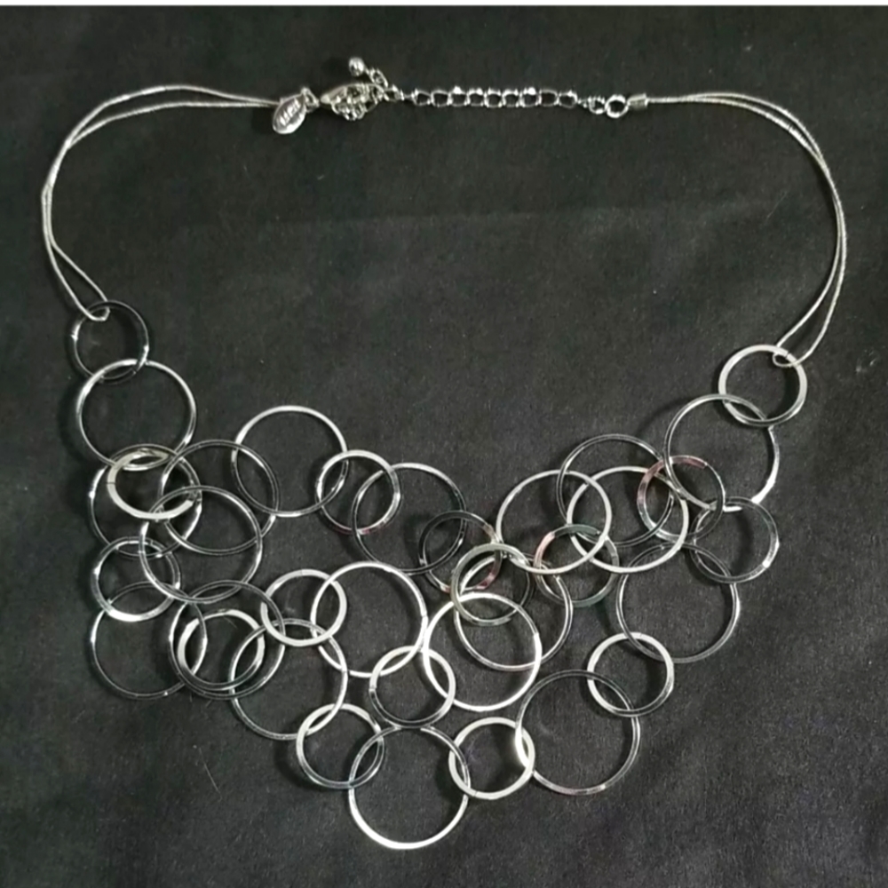 Chico's signed Statement/Bib Necklace boho silver tone chunky Circle